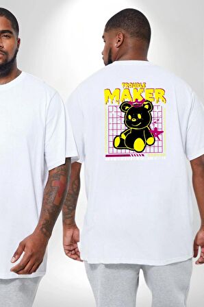 Baş Belası Teddy Büyük Beden Beyaz Tişört Kadın Erkek Ünisex Sırt Baskılı