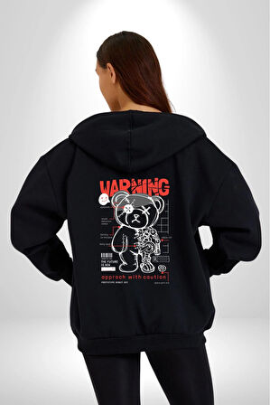 Uyarı Dikkatli Yaklaş Kadın Erkek Siyah Kapüşonlu Fermuarlı Baskılı Hırka Sweatshirt