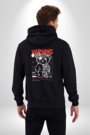 Uyarı Dikkatli Yaklaş Kadın Erkek Siyah Kapüşonlu Fermuarlı Baskılı Hırka Sweatshirt