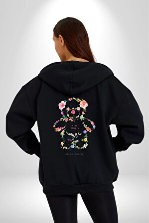 Sadece Yaşamak Kadın Erkek Siyah Kapüşonlu Fermuarlı Baskılı Hırka Sweatshirt