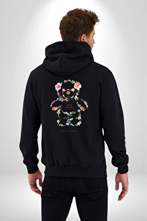 Sadece Yaşamak Kadın Erkek Siyah Kapüşonlu Fermuarlı Baskılı Hırka Sweatshirt