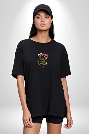 Artık Katlan Siyah Oversize Kadın Erkek Ön Orta Minimal Baskılı Tişört