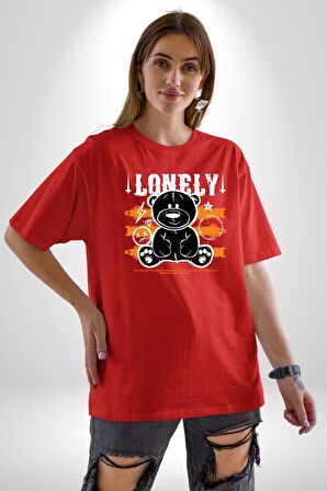 Yalnız Pamuklu Bisiklet Yaka Kadın Erkek Oversize Boyfriend Dijital Baskılı Kırmızı T-shirt