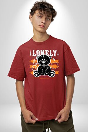 Yalnız Pamuklu Bisiklet Yaka Kadın Erkek Oversize Boyfriend Dijital Baskılı Kırmızı T-shirt
