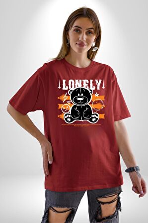 Yalnız Pamuklu Bisiklet Yaka Kadın Erkek Oversize Boyfriend Dijital Baskılı Kırmızı T-shirt