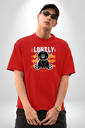 Yalnız Pamuklu Bisiklet Yaka Kadın Erkek Oversize Boyfriend Dijital Baskılı Kırmızı T-shirt