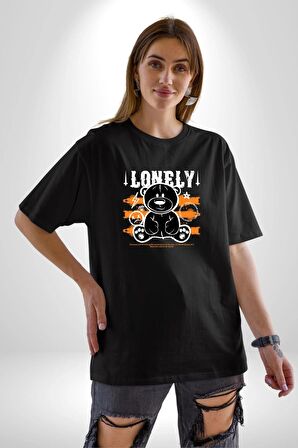 Yalnız Pamuklu Bisiklet Yaka Kadın Erkek Oversize Boyfriend Dijital Baskılı Siyah T-shirt