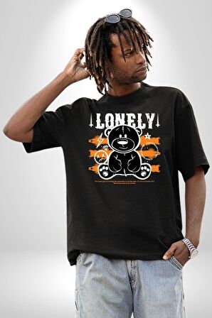 Yalnız Pamuklu Bisiklet Yaka Kadın Erkek Oversize Boyfriend Dijital Baskılı Siyah T-shirt