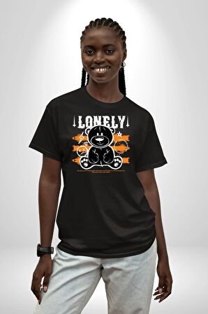 Yalnız Pamuklu Bisiklet Yaka Kadın Erkek Oversize Boyfriend Dijital Baskılı Siyah T-shirt