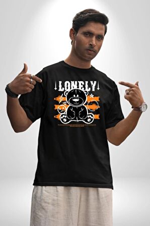 Yalnız Pamuklu Bisiklet Yaka Kadın Erkek Oversize Boyfriend Dijital Baskılı Siyah T-shirt