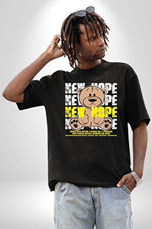 Yeni Umut Pamuklu Bisiklet Yaka Kadın Erkek Oversize Boyfriend Dijital Baskılı Siyah T-shirt