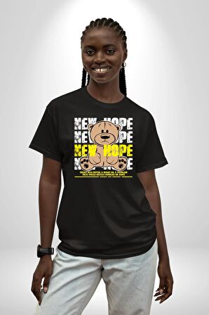Yeni Umut Pamuklu Bisiklet Yaka Kadın Erkek Oversize Boyfriend Dijital Baskılı Siyah T-shirt