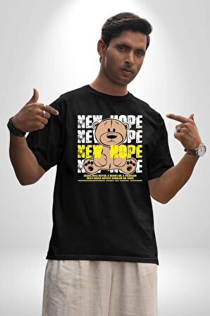 Yeni Umut Pamuklu Bisiklet Yaka Kadın Erkek Oversize Boyfriend Dijital Baskılı Siyah T-shirt