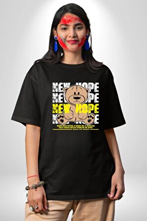 Yeni Umut Pamuklu Bisiklet Yaka Kadın Erkek Oversize Boyfriend Dijital Baskılı Siyah T-shirt