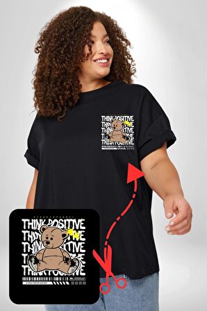 Positive Düşünce  Siyah Büyük Beden Kadın Basic Minimal Baskılı Tişört