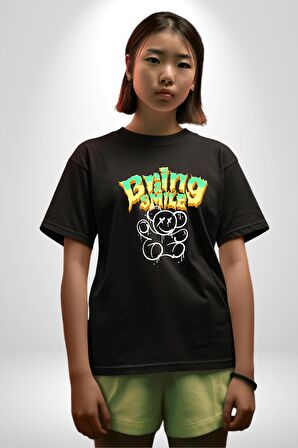 Beyin Gülüşü Pamuklu Bisiklet Yaka Kadın Erkek Oversize Boyfriend Dijital Baskılı Siyah T-shirt