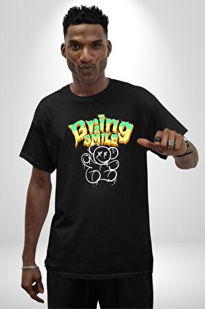 Beyin Gülüşü Pamuklu Bisiklet Yaka Kadın Erkek Oversize Boyfriend Dijital Baskılı Siyah T-shirt
