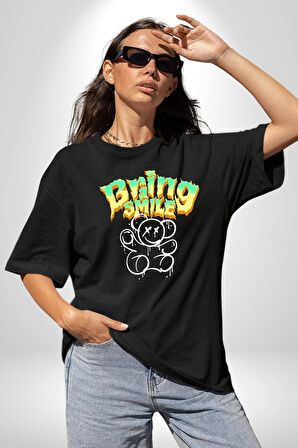 Beyin Gülüşü Pamuklu Bisiklet Yaka Kadın Erkek Oversize Boyfriend Dijital Baskılı Siyah T-shirt