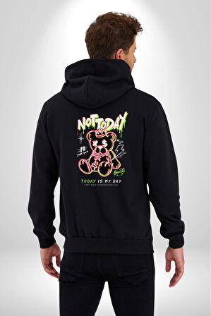 Bugün Değil Kadın Erkek Siyah Kapüşonlu Fermuarlı Baskılı Hırka Sweatshirt