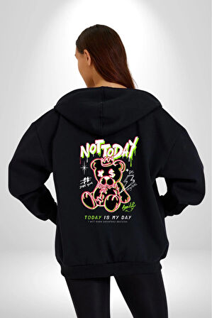 Bugün Değil Kadın Erkek Siyah Kapüşonlu Fermuarlı Baskılı Hırka Sweatshirt