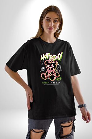 Bugün Değil Pamuklu Bisiklet Yaka Kadın Erkek Oversize Boyfriend Dijital Baskılı Siyah T-shirt