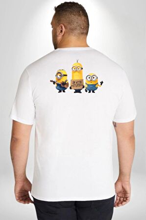 Minion Büyük Beden Beyaz Tişört Kadın Erkek Ünisex Sırt Baskılı
