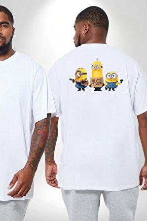 Minion Büyük Beden Beyaz Tişört Kadın Erkek Ünisex Sırt Baskılı