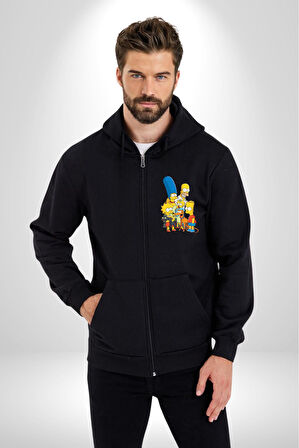 The Simpsons  Kadın Erkek Siyah Kapüşonlu Fermuarlı Baskılı Hırka Sweatshirt