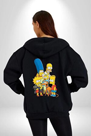 The Simpsons  Kadın Erkek Siyah Kapüşonlu Fermuarlı Baskılı Hırka Sweatshirt