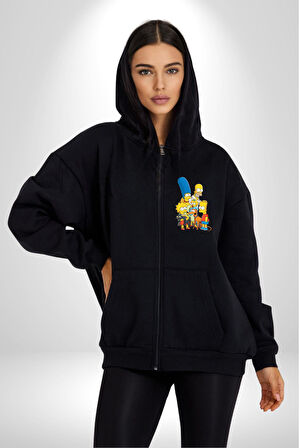 The Simpsons  Kadın Erkek Siyah Kapüşonlu Fermuarlı Baskılı Hırka Sweatshirt
