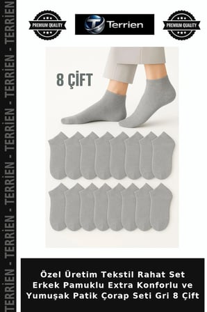 Özel Üretim Tekstil Rahat Set Erkek Pamuklu Extra Konforlu ve Yumuşak Patik Çorap Seti Gri 8 Çift