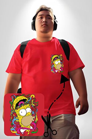 The Simpsons  Kırmızı Büyük Beden Kadın Basic Minimal Baskılı Tişört