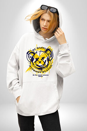 Sebep Olmadan Mutlu OL Kadın Erkek  Beyaz Kapüşonlu Sweatshirt Hoodie