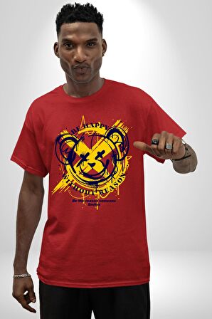 Sebep Olmadan Mutlu OL Pamuklu Bisiklet Yaka Kadın Erkek Oversize Boyfriend Dijital Baskılı Kırmızı T-shirt