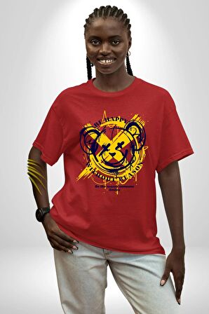 Sebep Olmadan Mutlu OL Pamuklu Bisiklet Yaka Kadın Erkek Oversize Boyfriend Dijital Baskılı Kırmızı T-shirt