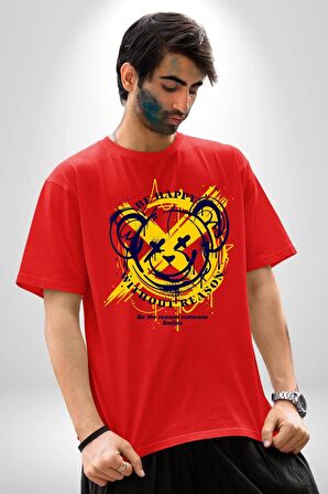 Sebep Olmadan Mutlu OL Pamuklu Bisiklet Yaka Kadın Erkek Oversize Boyfriend Dijital Baskılı Kırmızı T-shirt