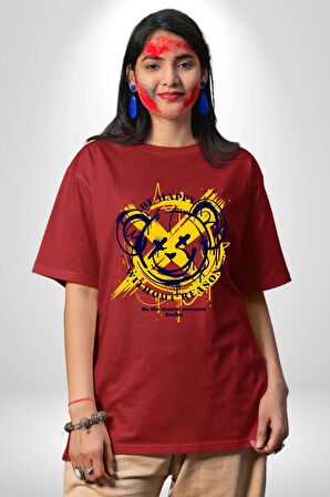 Sebep Olmadan Mutlu OL Pamuklu Bisiklet Yaka Kadın Erkek Oversize Boyfriend Dijital Baskılı Kırmızı T-shirt