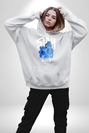 Birlikte Kal Kadın Erkek  Beyaz Kapüşonlu Sweatshirt Hoodie