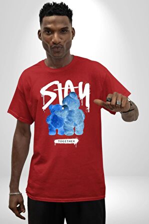 Birlikte Kal Pamuklu Bisiklet Yaka Kadın Erkek Oversize Boyfriend Dijital Baskılı Kırmızı T-shirt