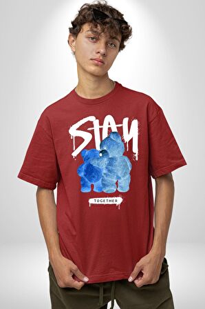 Birlikte Kal Pamuklu Bisiklet Yaka Kadın Erkek Oversize Boyfriend Dijital Baskılı Kırmızı T-shirt