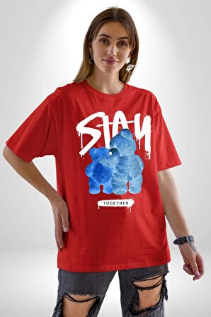 Birlikte Kal Pamuklu Bisiklet Yaka Kadın Erkek Oversize Boyfriend Dijital Baskılı Kırmızı T-shirt