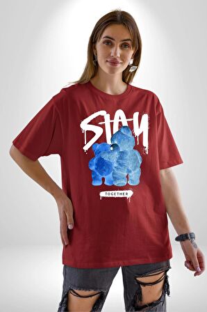 Birlikte Kal Pamuklu Bisiklet Yaka Kadın Erkek Oversize Boyfriend Dijital Baskılı Kırmızı T-shirt