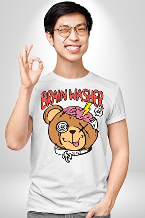 Beyin Yıkama Kadın Erkek Unisex Beyaz Organik Baskılı T-Shirt Penye Yüksek Kalite