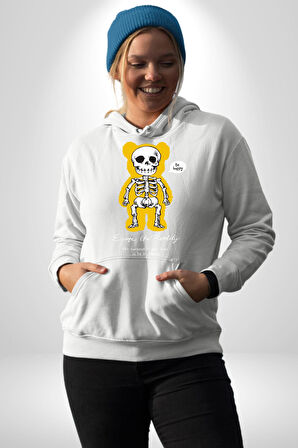Mutlu Ol Kadın Erkek  Beyaz Kapüşonlu Sweatshirt Hoodie