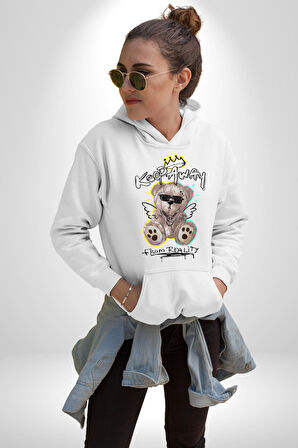 Gerçeklikten Uzak Tutun Kadın Erkek  Beyaz Kapüşonlu Sweatshirt Hoodie