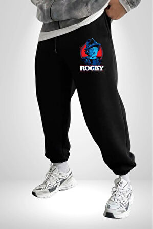 Rocky Film Sersi 3 İplik Erkek Baskılı Siyah Eşofman Altı