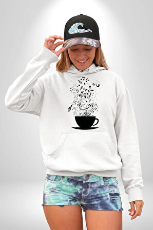 Kahve Müzik Nota Kadın Erkek  Beyaz Kapüşonlu Sweatshirt Hoodie