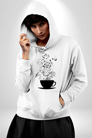 Kahve Müzik Nota Kadın Erkek  Beyaz Kapüşonlu Sweatshirt Hoodie