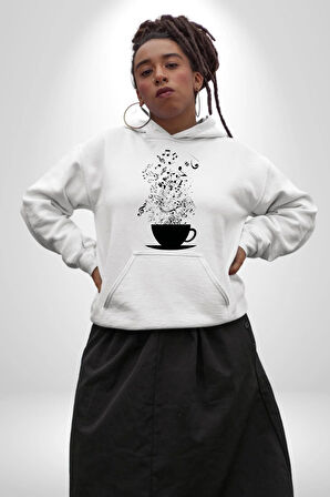 Kahve Müzik Nota Kadın Erkek  Beyaz Kapüşonlu Sweatshirt Hoodie
