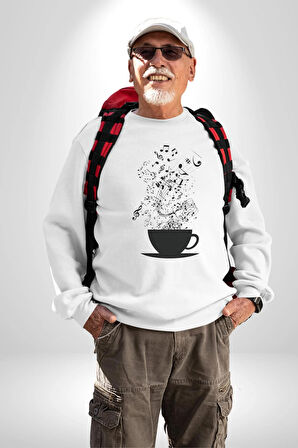 Kahve Müzik Nota Kadın Erkek Beyaz Sweatshirt 